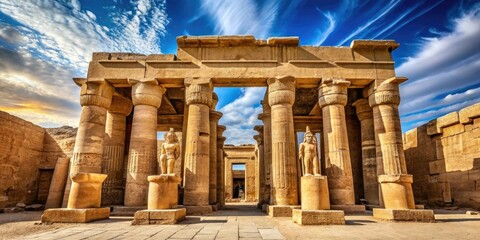 Obraz premium Ancient stone columns and intricate hieroglyphics adorn the grand entrance of an Egyptian temple, standing majestic amidst a backdrop of cloudless blue skies and golden sand.