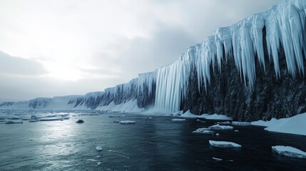 Fototapeta premium Frozen waterfall over icy cliff