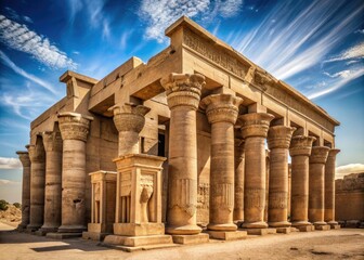 Fototapeta premium Ancient stone pillars and majestic architecture of an Egyptian temple rise majestically from the desert sand, intricately carved hieroglyphics adorning its weathered facade.