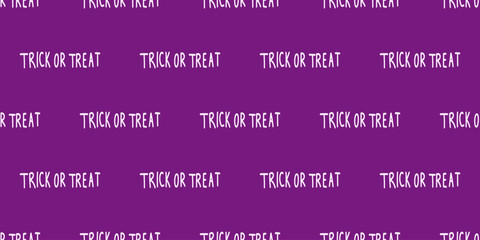 Halloween seamless pattern with Trick or Treat hand written lettering. Endless design for print or wrapping with purple background