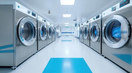 Hospital laundry room with industrial washers, hospital laundry, facility management