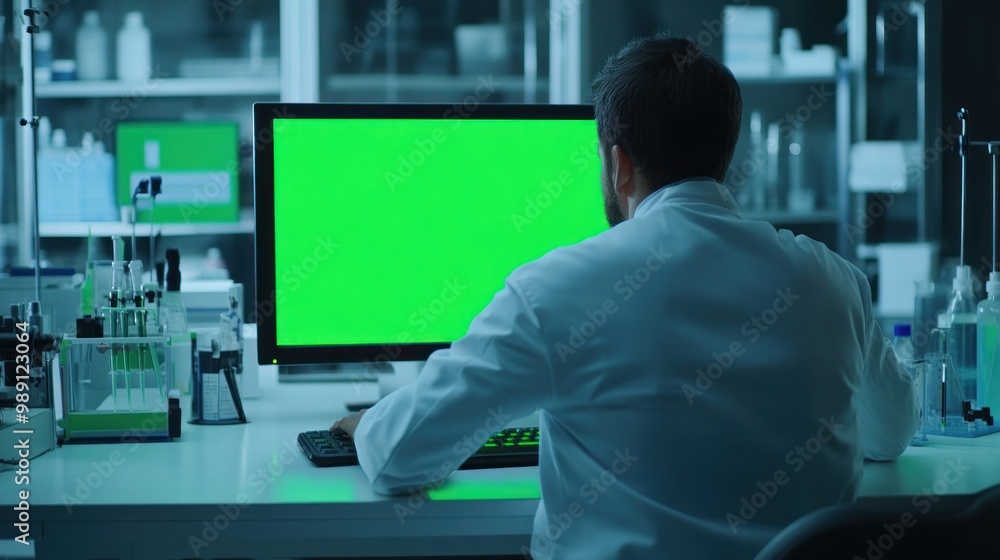 Poster a scientist in a lab coat working at a computer with a green screen in a research environment.