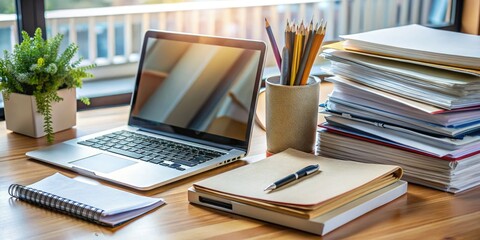 A organized desktop with a opened laptop, notebook, and pen, surrounded by scattered papers and files, highlighting the importance of staying informed and up-to-date.