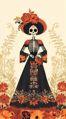 Fototapeta premium A vibrant skeleton in a floral dress, adorned with roses and a decorative hat, representing cultural themes of life and death.