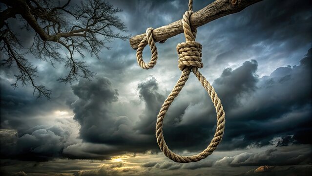 A ominous, worn, and weathered rope noose hangs ominously from a branch, surrounded by dark, foreboding clouds, evoking a sense of danger and foreboding.