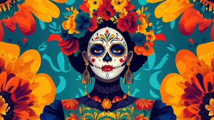 A vibrant, artistic portrayal of a woman with a decorated skull face surrounded by colorful flowers, celebrating Day of the Dead.