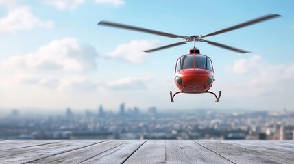 Hospital helipad with medical helicopter landing, cityscape in background, hospital helipad, air medical services