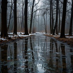 A forest in the heart of winter during a cold rainstorm, the ground covered in snow while raindrops fall steadily, creating icy puddles beneath the bare branches