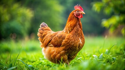 Fototapeta premium A plump and proud brown hen with vibrant feathers, standing upright in a lush green meadow, gazing directly at the camera with curious eyes.