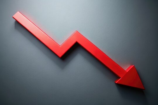 A red arrow icon pointing downwards on a grey background, symbolizing decline, decrease, or downward trend, often used in finance, business, and data analysis contexts.