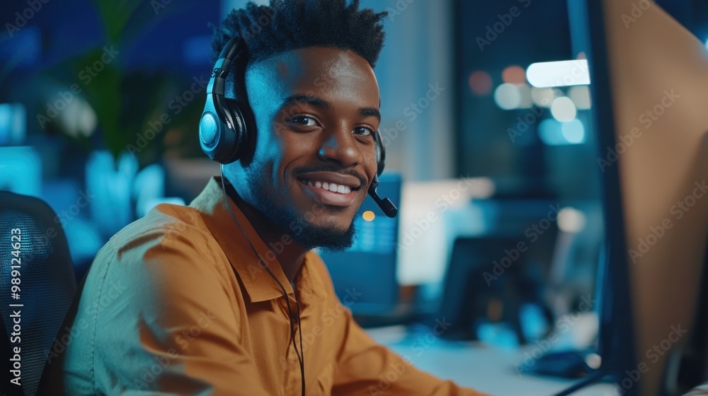 Poster a smiling man in a headset working at a computer in a modern office environment.