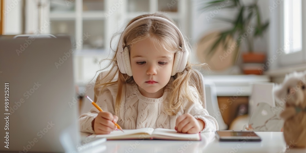 Poster child with headphones engaged in education, writing in a notebook and using a tablet for homework. f