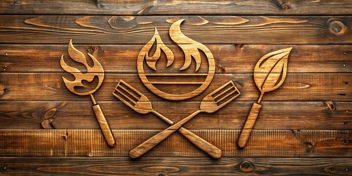 A rustic, wooden-cutout logo featuring a stylized grill, flames, and savory icons, evoking a sense of outdoor gatherings, summertime, and delicious backyard cooking traditions.