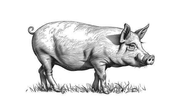 recommend clip art: Pig, hog, boar. Vintage retro print, black white pig sketch ink pencil style drawing, linear drawing, engrave old school. Sketch artwork silhouette pig, hog, boar. Side view profile. Illustration