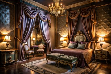 Fototapeta premium A serene and intimate atmosphere pervades a dimly lit, lavish boudoir adorned with velvety drapes, satin linens, and ornate mirrors, evoking sensuality and relaxation.