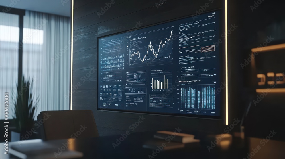 Poster a modern workspace displaying data analytics on a screen.