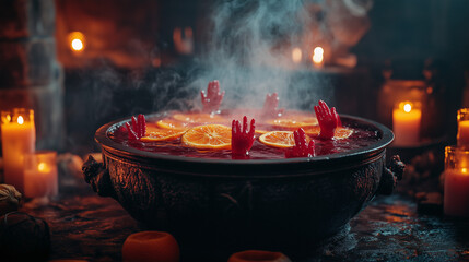 halloween punch bowl with orange slices and hand-shaped decorations