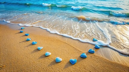 A serene beach scene featuring a scattering of delicate blue hearts, like seashells, washed up on the shore alongside gentle waves and soft, powdery sand.