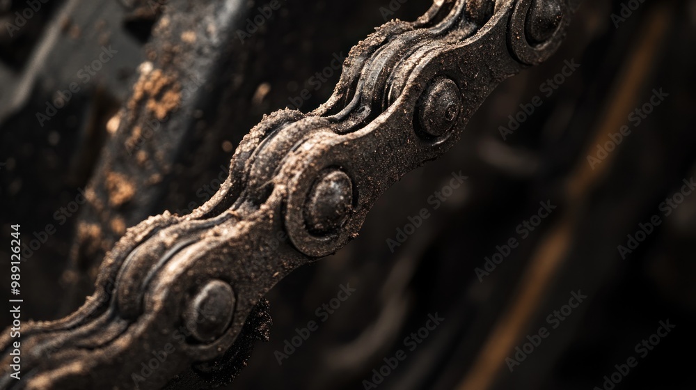 Poster close-up of a dirty bicycle chain, showcasing its links and mechanical function.