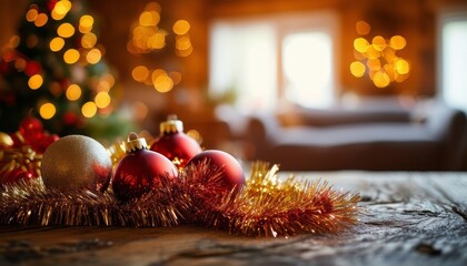 Conjunto de bolas navide&ntilde;as de colores rojo y dorado, junto a guirnaldas doradas, decorando un ambiente festivo en una sala de estar.