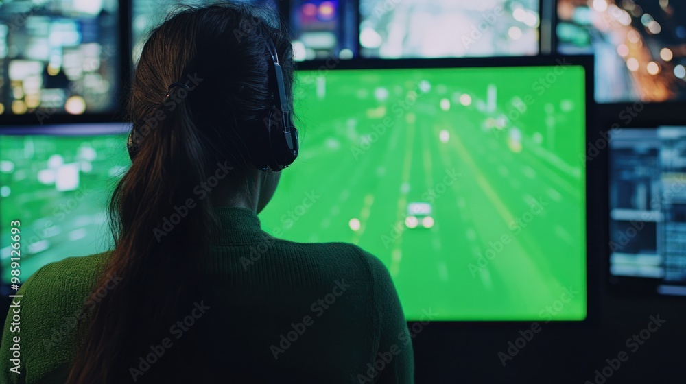 Poster a person monitors traffic data on a green screen in a high-tech control room.