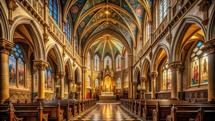 Fototapeta premium A serene, golden-lit interior of a historic Catholic cathedral features intricate stone carvings, ornate stained glass windows, and a majestic altar beneath a vaulted ceiling.