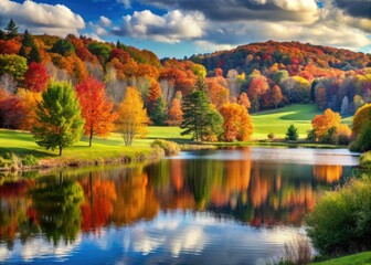 Obraz premium A serene, mature landscape featuring a tranquil lake, rolling hills, and vibrant autumn foliage, evoking feelings of peace and connection with nature's splendor.