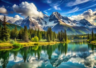 A serene landscape featuring majestic snow-capped mountains surrounded by lush green forests, tranquil lakes, and wispy clouds under a clear blue sky.