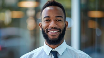 Obraz premium Smiling individual showcasing teeth whitening results, highlighting dental insurance and healthcare benefits. Joyful young professional in a headshot, representing oral care services