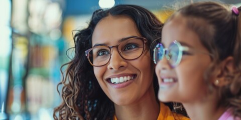 Happy mother and daughter in an eyewear shop, smiling after selecting frames for better vision
