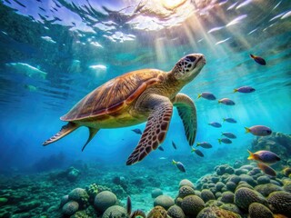 Obraz premium A serene sea turtle glides effortlessly through the turquoise ocean, its shell glistening in the sunlight, surrounded by coral reefs and schools of small fish.