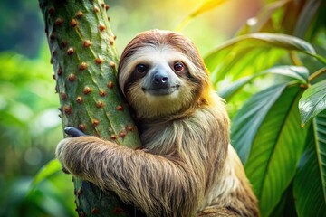 Fototapeta premium A serene sloth clings to a tree branch, its soft fur glistening in the dappled jungle light, its big round eyes gazing calmly into the distance.