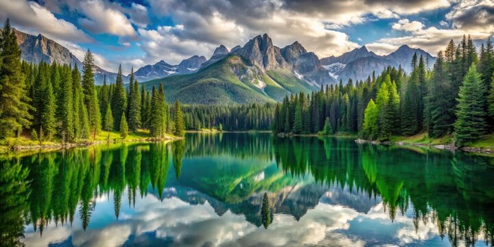 A serene, secluded mountain lake reflects a majestic evergreen forest, surrounded by dramatic peaks and lush greenery, evoking a sense of tranquility and escapism.
