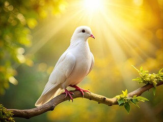 Obraz premium A serene white dove perches on a delicate branch, its soft feathers glistening in warm sunlight, symbolizing peace and hope in a serene natural setting.