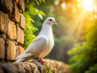 Obraz premium A serene white dove perches on a weathered stone wall, its feathers glistening in soft sunlight, symbolizing peace and tranquility in a rustic outdoor setting.