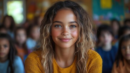 inspiring educator engaging with a diverse group of elementary students warm inviting classroom filled with colorful learning materials fostering an atmosphere of curiosity and growth