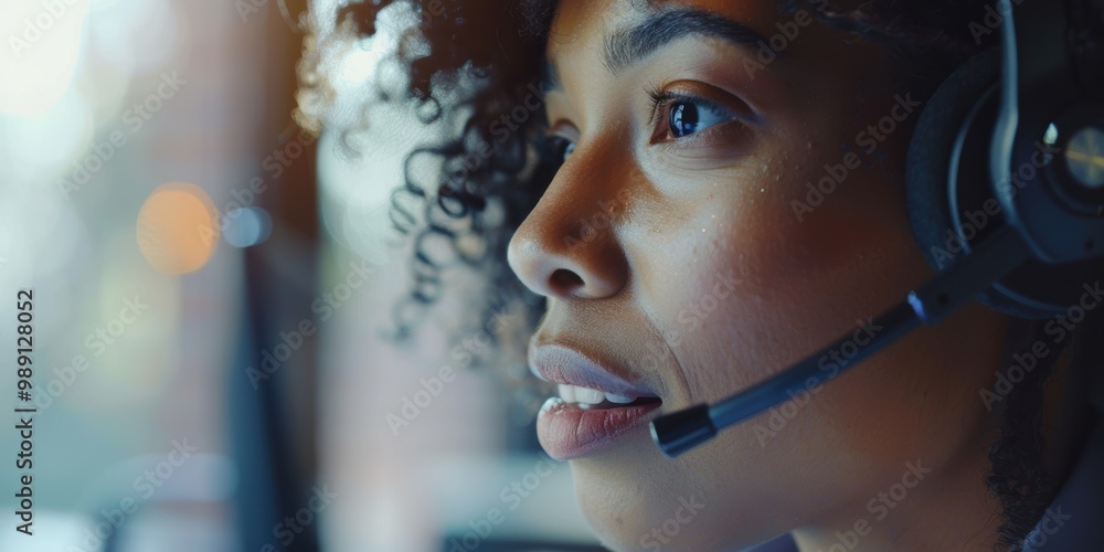 Poster portrait of a businesswoman in a headset engaging in a virtual meeting while working from home, emph