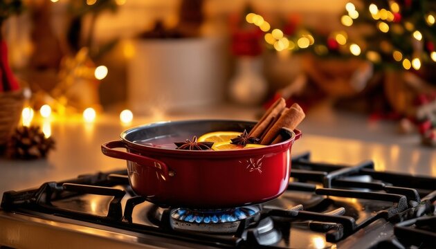 Una olla roja con vino caliente especiado en la estufa, rodeada de decoraci&oacute;n navide&ntilde;a en una cocina festiva.