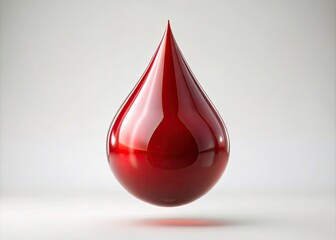 A single, crimson-red blood drop suspended in mid-air, glistening with subtle highlights, against a clean white background, conveying a sense of precision and medical analysis.