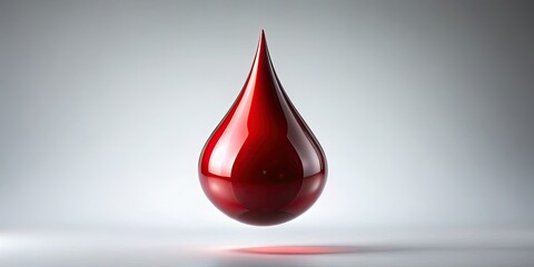 Fototapeta premium A single crimson blood droplet suspended in mid-air, glistening with subtle shine, against a stark white background, evoking a sense of medical mystery and intrigue.