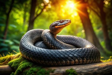 Fototapeta premium A sleek and venomous serpent, coiled and ready to strike, with scaly skin glistening in the sunlight, set against a dark and ominous forest background.