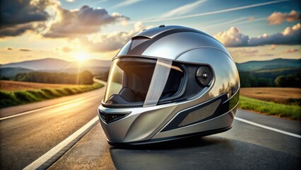 Obraz premium A sleek, black, and silver motorbike helmet icon with a reflective visor and aerodynamic design, symbolizing speed, protection, and adventure on the open road.