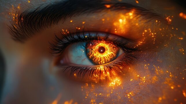 intense closeup of a womans eye with fiery iris vibrant flames dance within reflecting passion determination and inner strength in hyperrealistic detail