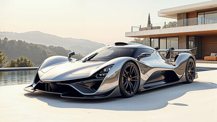 Sports car against the backdrop of a luxury villa