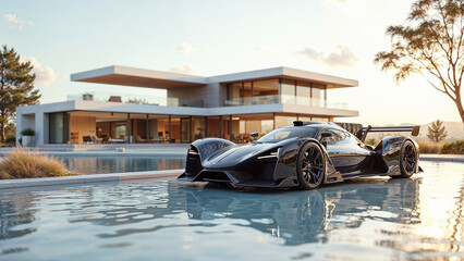 Fototapeta premium Sports car against the backdrop of a luxury villa
