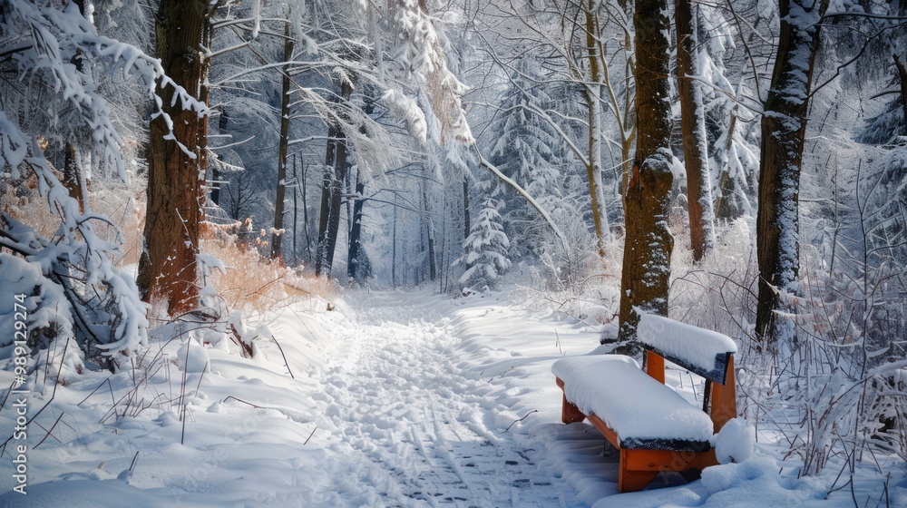 Wall mural Snowy Forest Bench