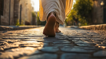 Feet of Jesus Christ standing on old road. Christianity, gospel, salvation, discipleship concept