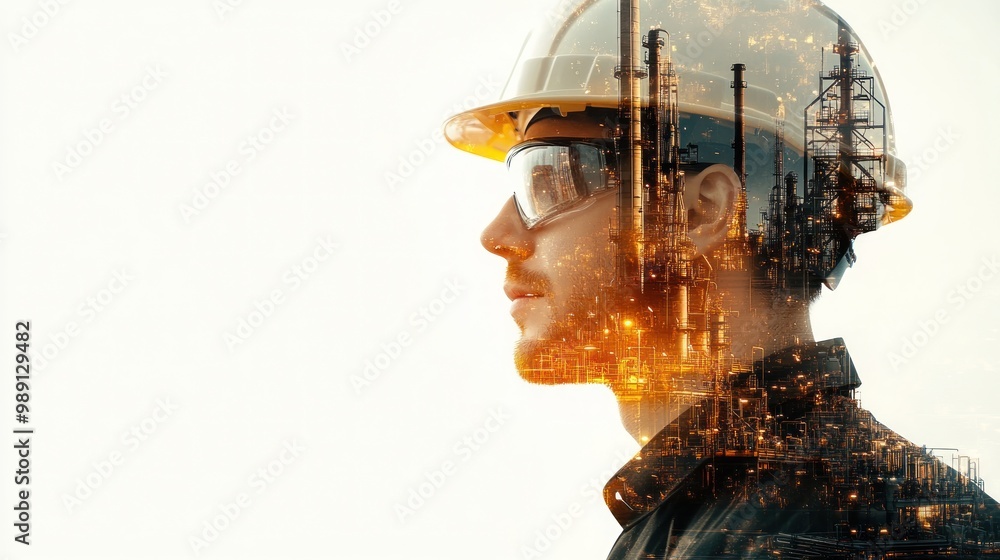 Wall mural a double exposure of a worker in a helmet with an industrial background.