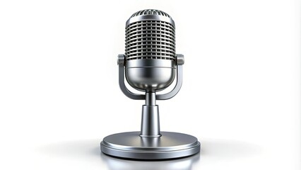 A sleek, modern microphone icon in metallic silver with a circular base and vertical stem, symbolizing communication, public speaking, and voice amplification.
