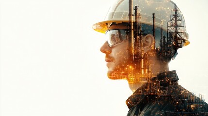 A double exposure of a worker in a helmet with an industrial background.
